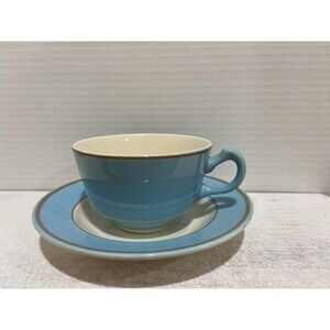 Vintage Homer Laughlin Cup & Saucer F-82 Turquoise Blue & Ivory
